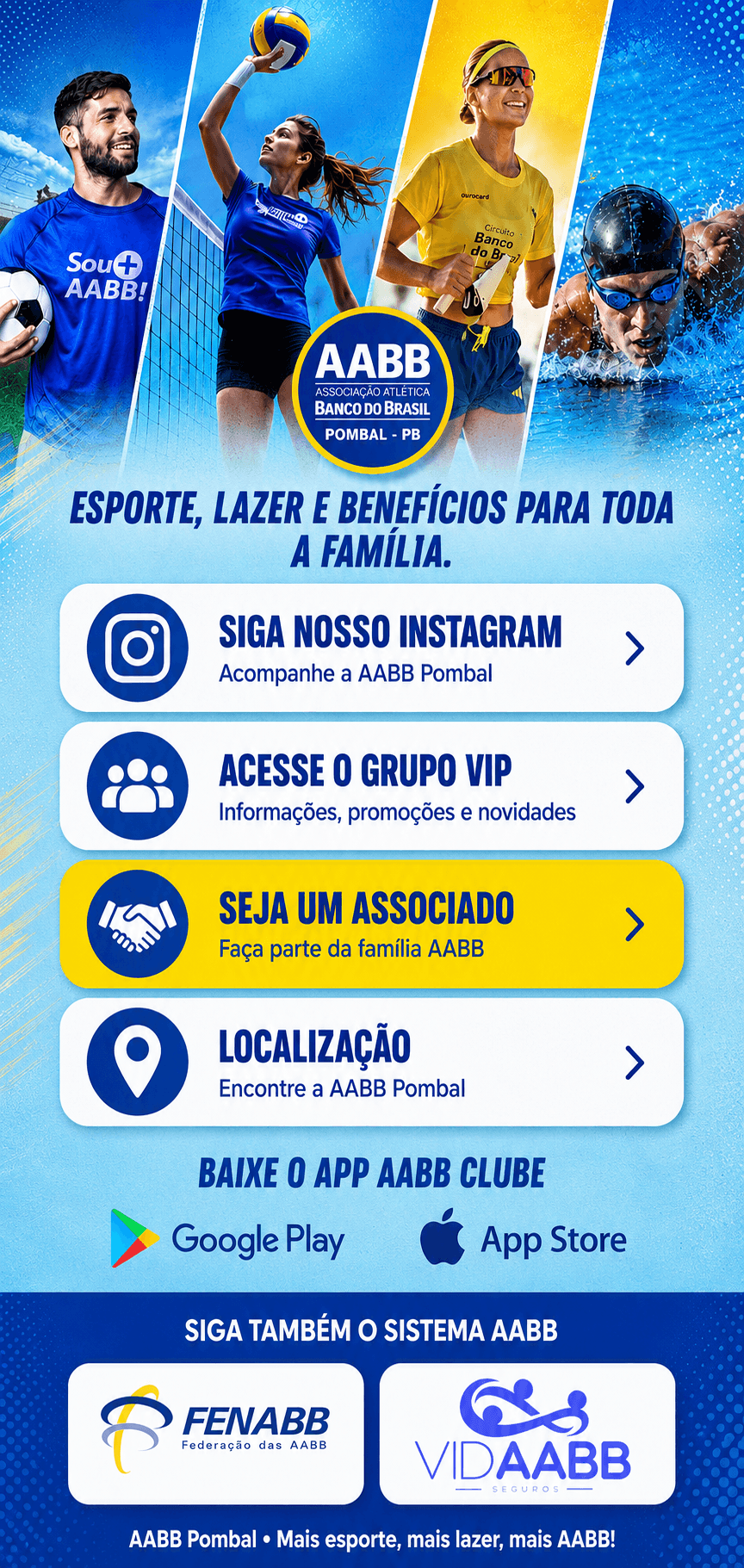Atletas praticando futebol, vôlei, corrida e natação na AABB